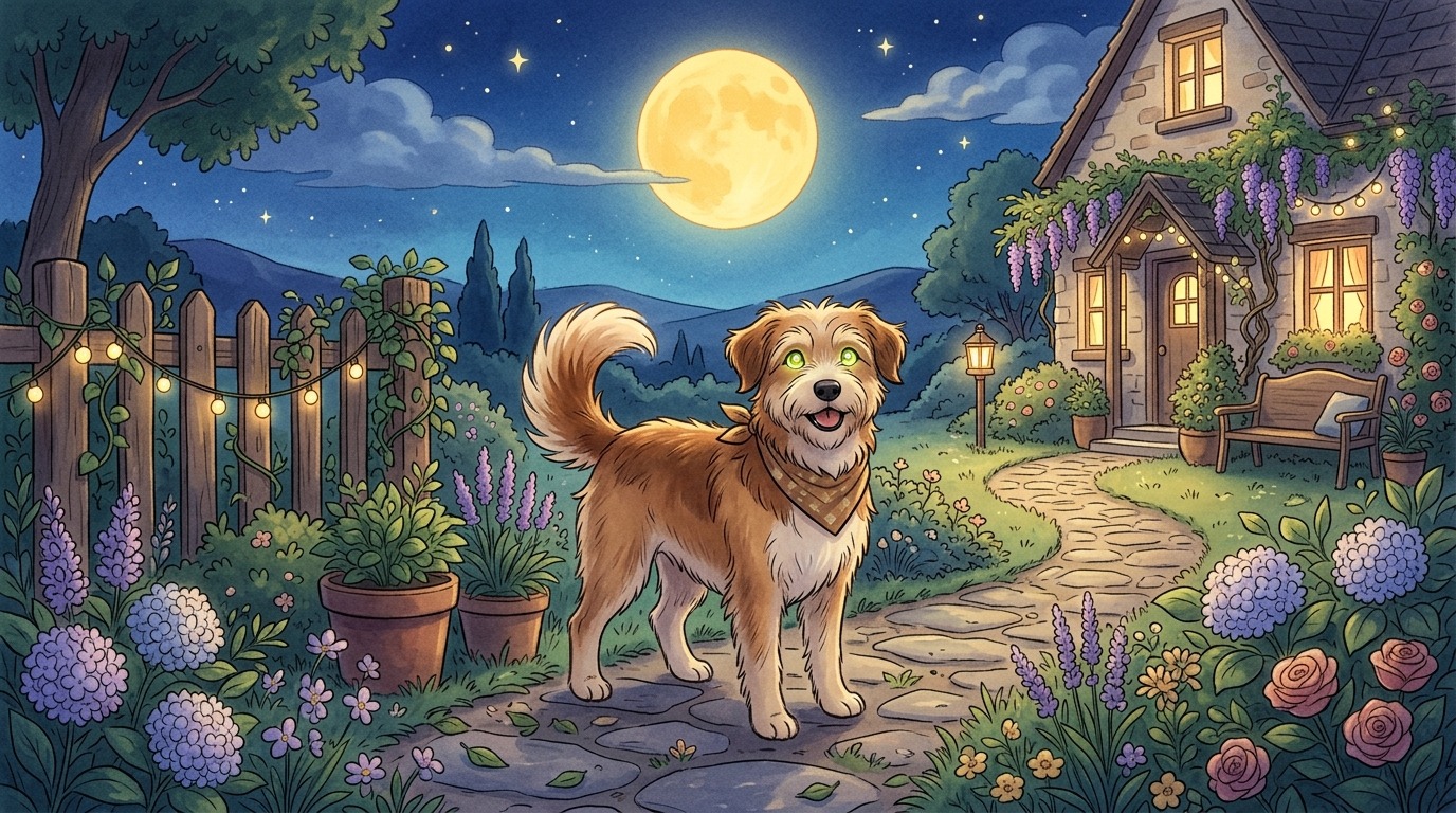 Illustration eines Hundes im Halbdunkeln, dessen Augen wie kleine Spiegel sanft leuchten.