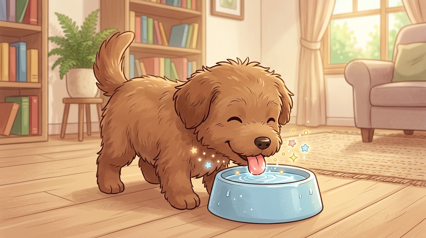 Illustration eines fröhlichen Hundes, der mit herausgestreckter Zunge aus einem glitzernden Wassernapf trinkt.