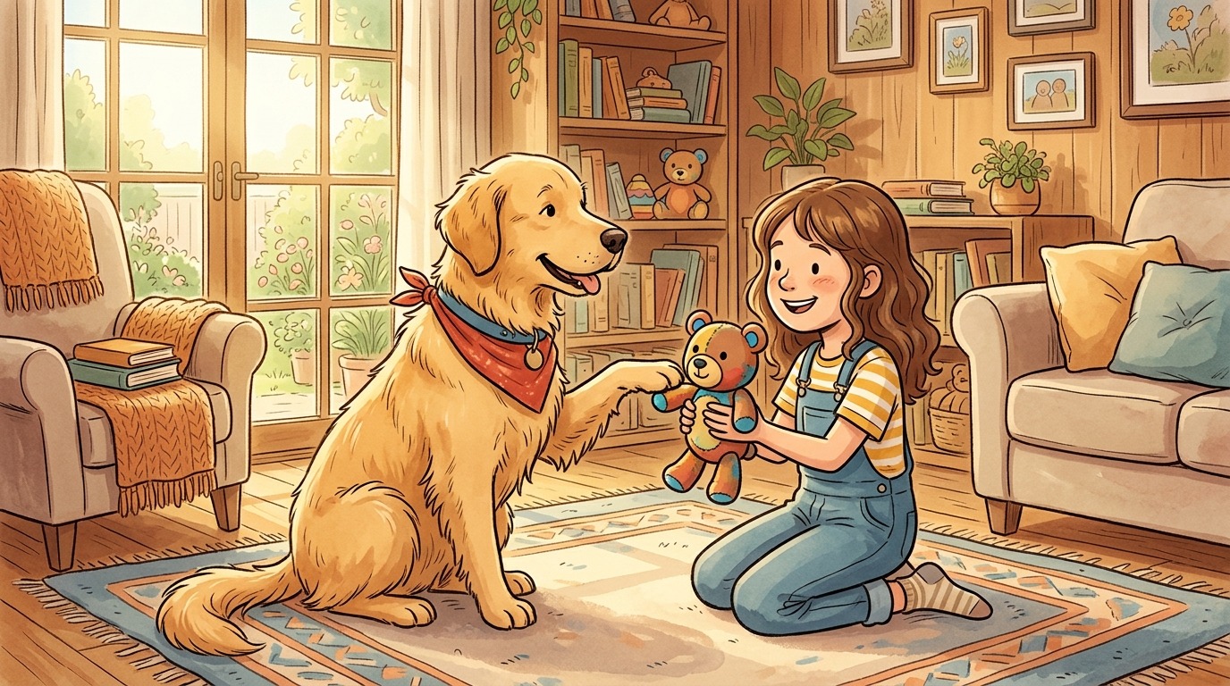 Ein fröhlicher Golden Retriever Hund und ein Kind spielen gemeinsam auf einem Teppich.