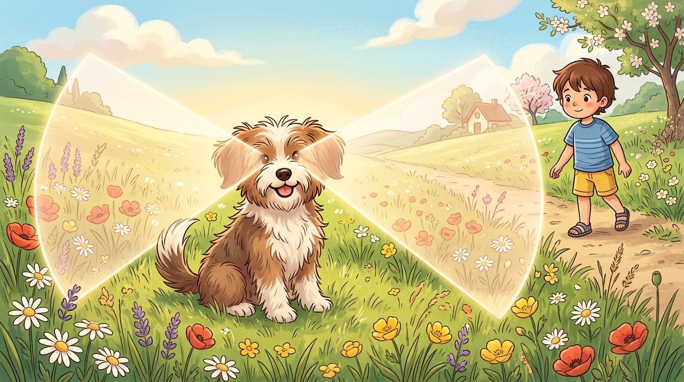 Illustration eines fröhlichen Hundes auf einer Wiese, dessen weites Sichtfeld durch einen hellen Lichtkegel symbolisiert wird.