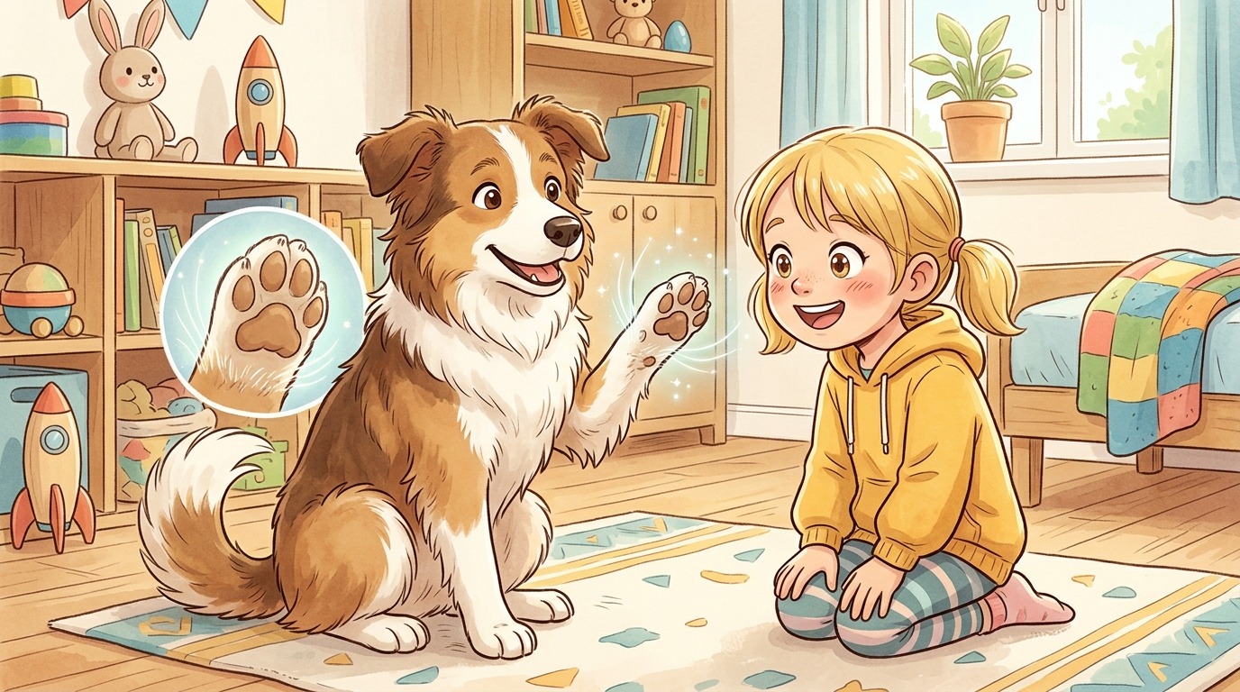 Illustration eines freundlichen Hundes, der seine Vorderpfote hebt, um die speziellen Tasthaare oberhalb des Ballens zu zeigen.