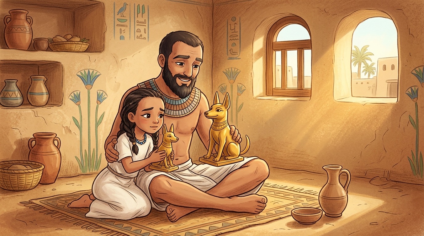 Illustration einer ägyptischen Familie mit rasierten Augenbrauen, die liebevoll an ihren Hund denkt.