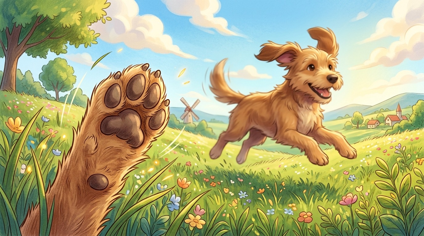 Illustration eines Hundes beim Rennen, die den Stoppballen am Vorderbein als Bremse zeigt.