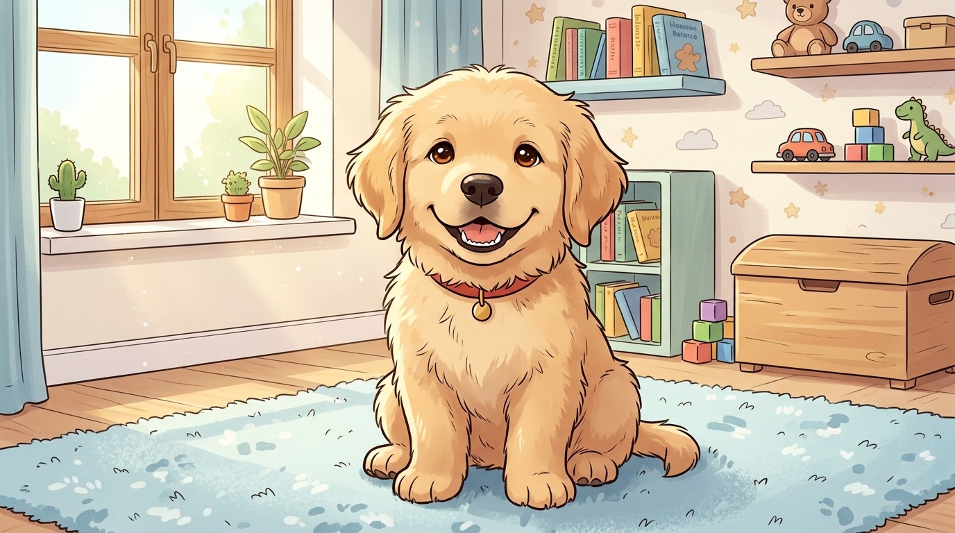 Ein niedlicher Welpe sitzt auf einem Teppich und zeigt beim Gähnen seine kleinen, weißen Milchzähne.