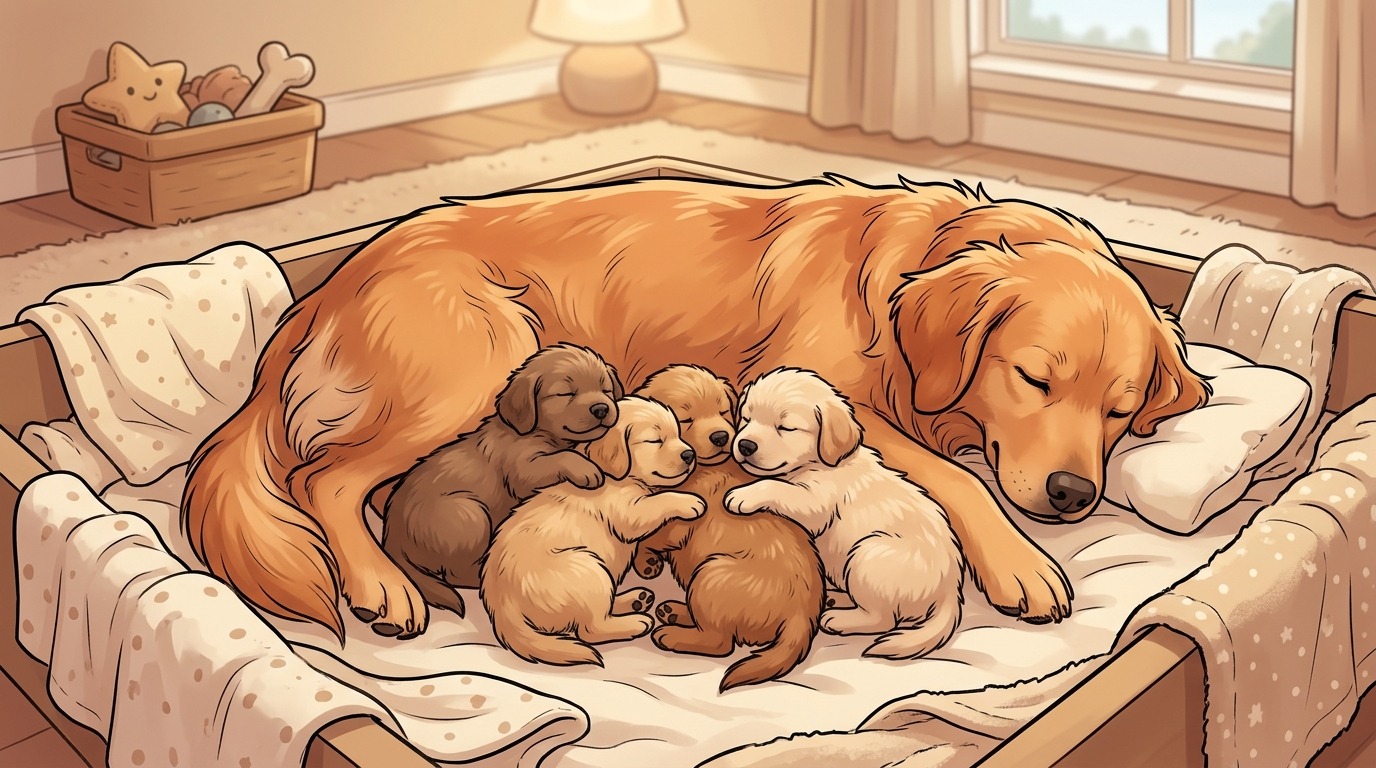 Eine Gruppe neugeborener Hundewelpen kuschelt eng aneinander bei ihrer Mutter in einer gemütlichen Wurfkiste.