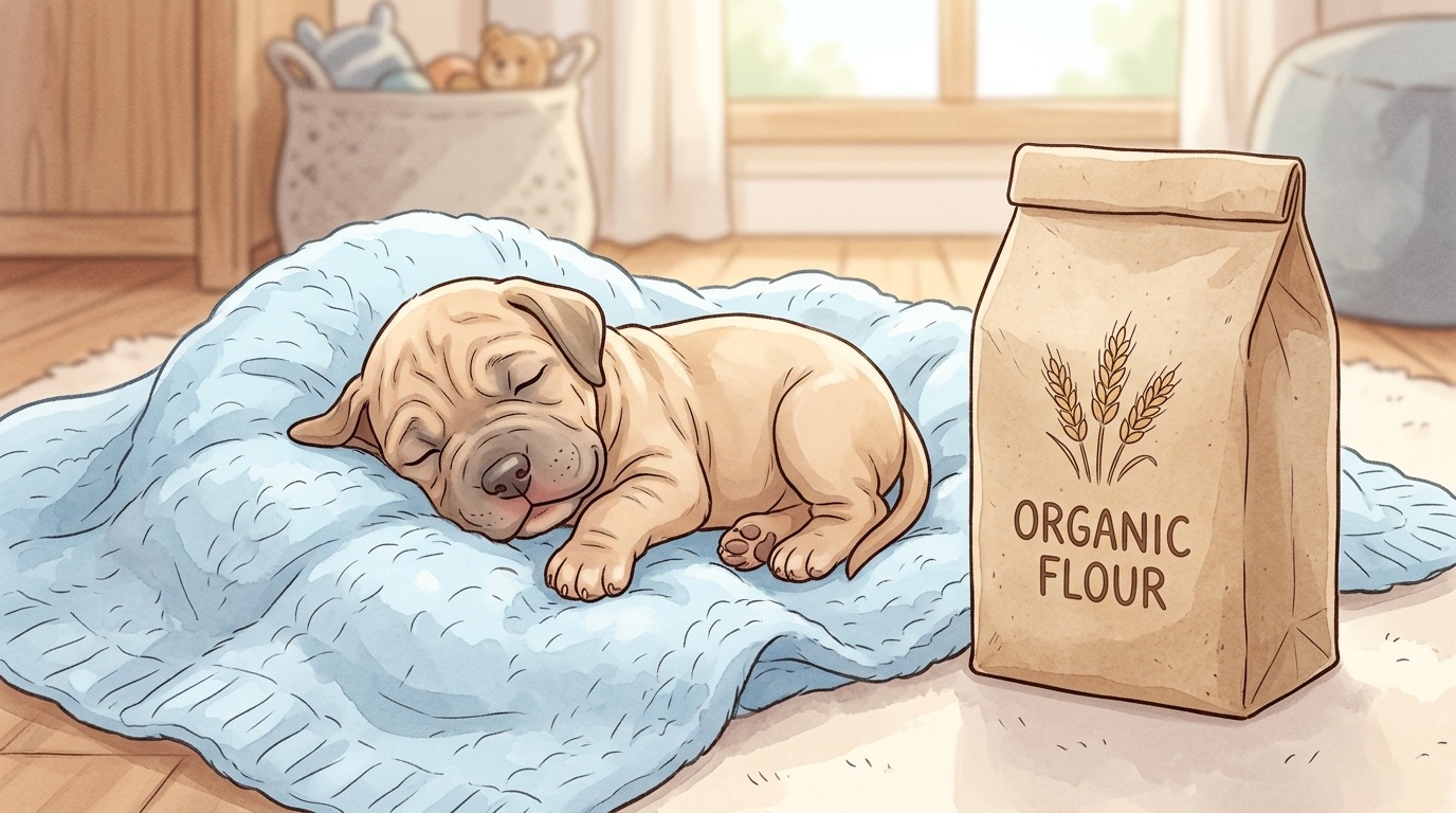 Ein winziger, neugeborener Deutsche Dogge Welpe schläft friedlich neben einem Päckchen Mehl zum Größenvergleich.