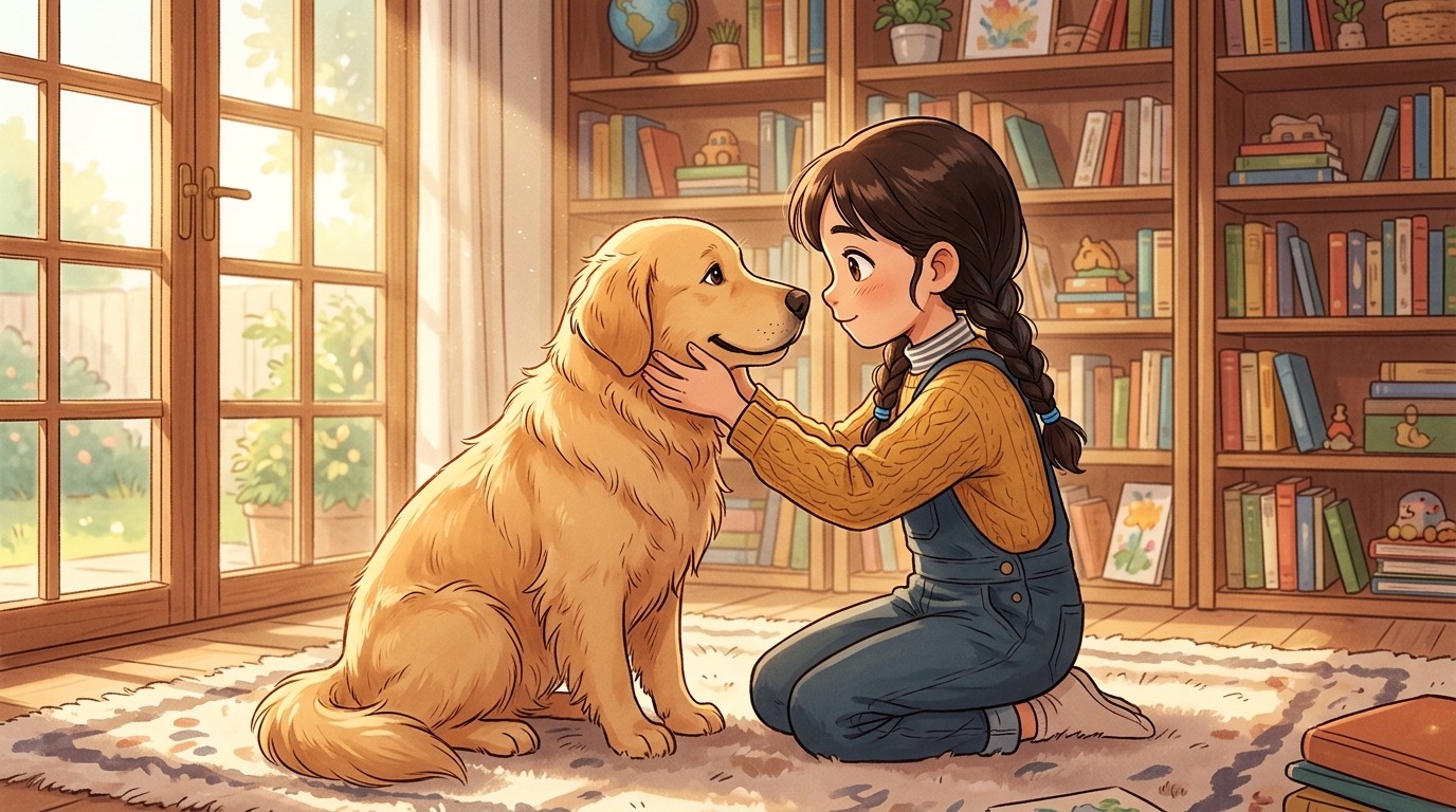Ein Kind betrachtet vorsichtig das Auge eines freundlichen Golden Retrievers in einer gemütlichen Leseecke.