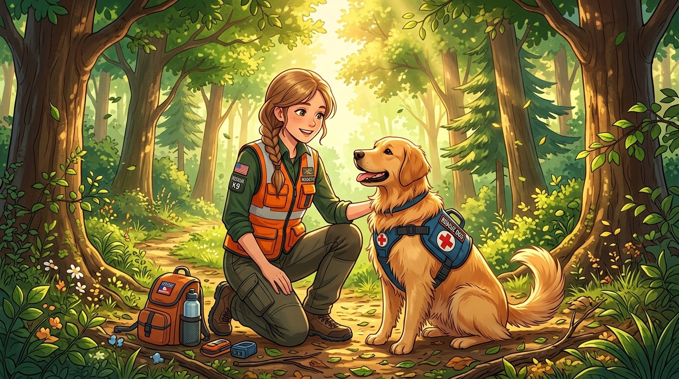 Ein Rettungshundeführer in Einsatzkleidung trainiert mit einem Golden Retriever im Wald.