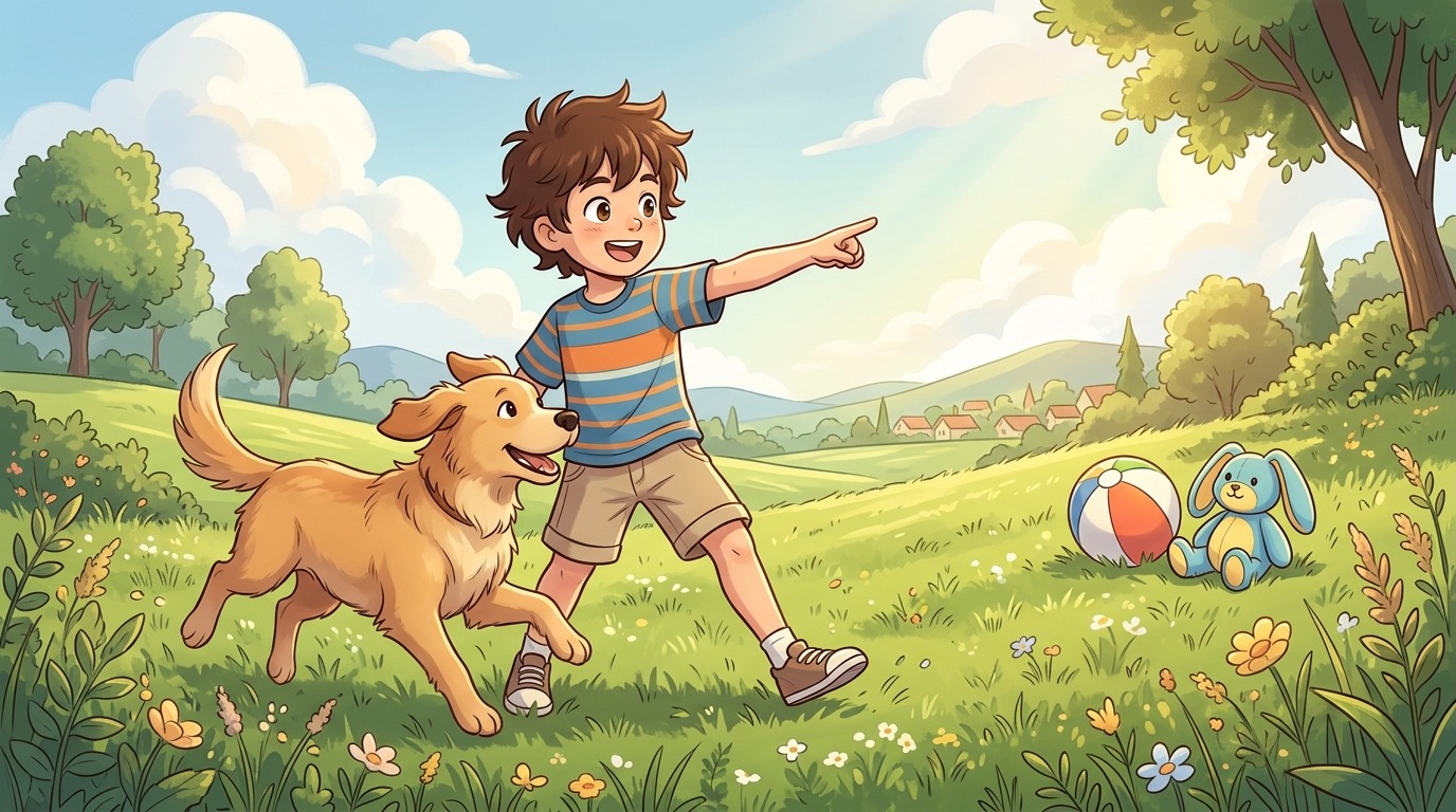 Ein Kind und sein Hund spielen auf einer Wiese das Spiel Der Richtungs-Kapitän, wobei das Kind die Richtung zeigt.