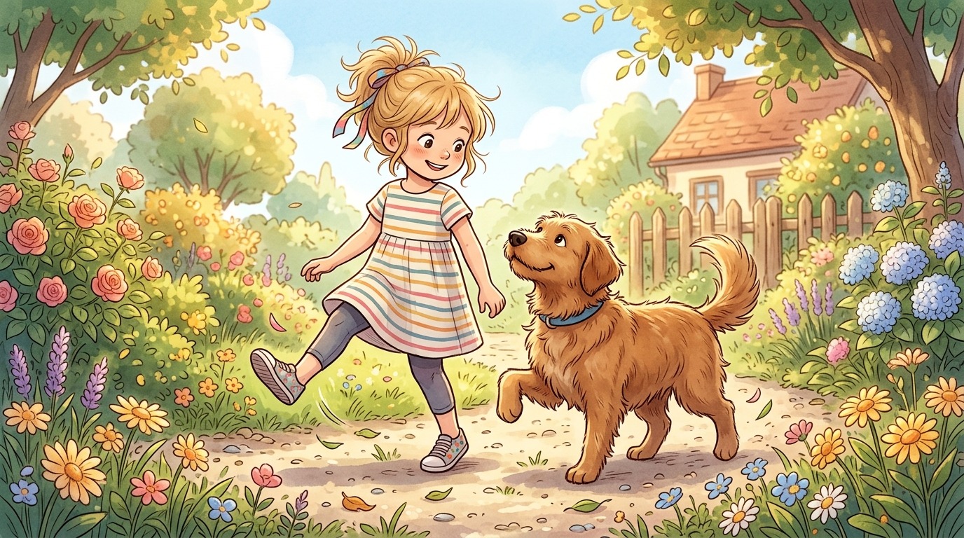 Ein Kind und ein Hund bewegen sich in extremer Zeitlupe synchron nebeneinander her beim Konzentrationsspiel Die Schnecken-Schleiche.