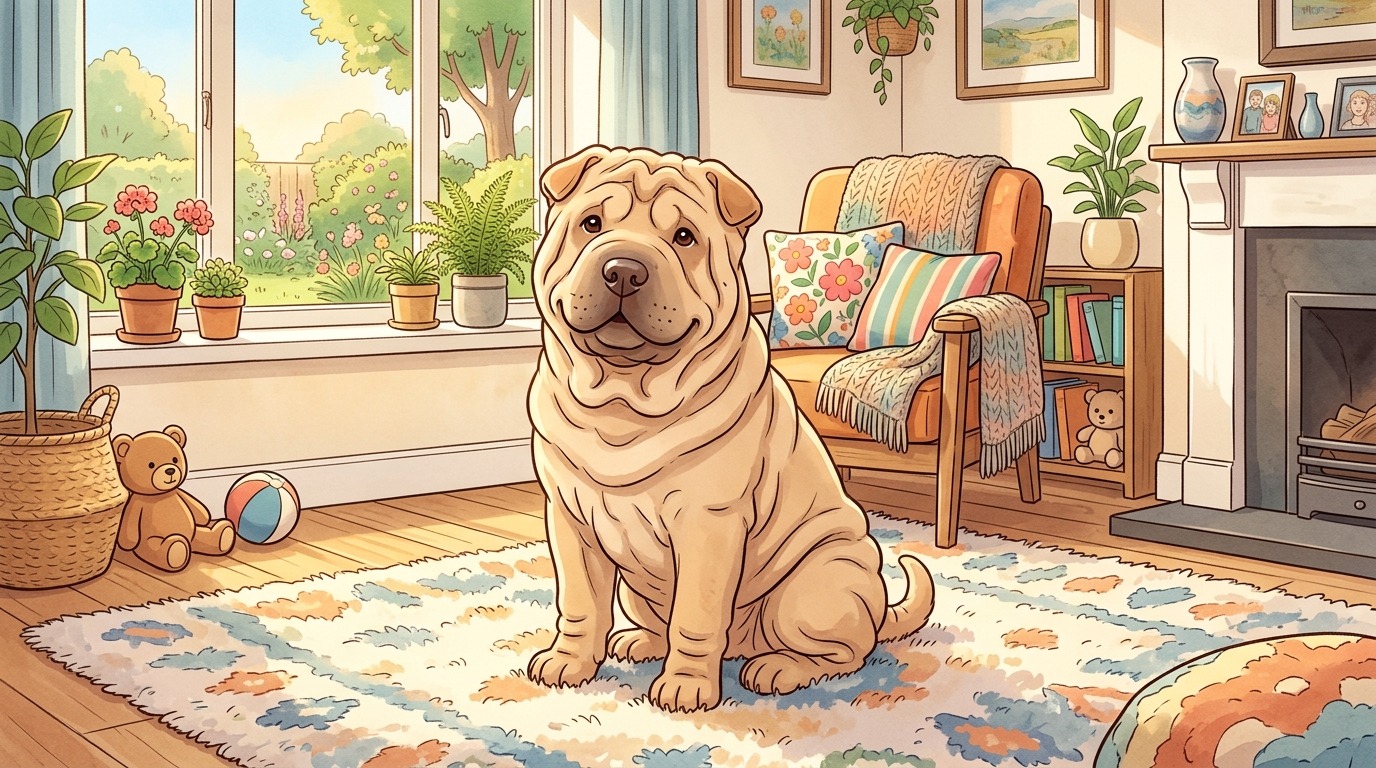 Eine kinderfreundliche Illustration eines Shar-Pei Hundes mit vielen sanften Hautfalten in einem warm beleuchteten Zimmer.