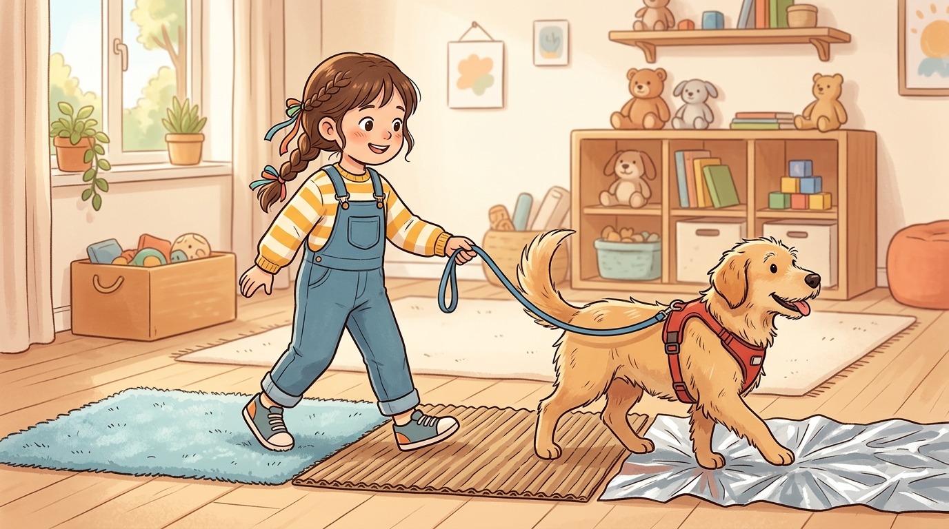 Ein glückliches Kind führt einen Hund vorsichtig an der Leine über einen Pfad aus Knisterfolie und Pappe.