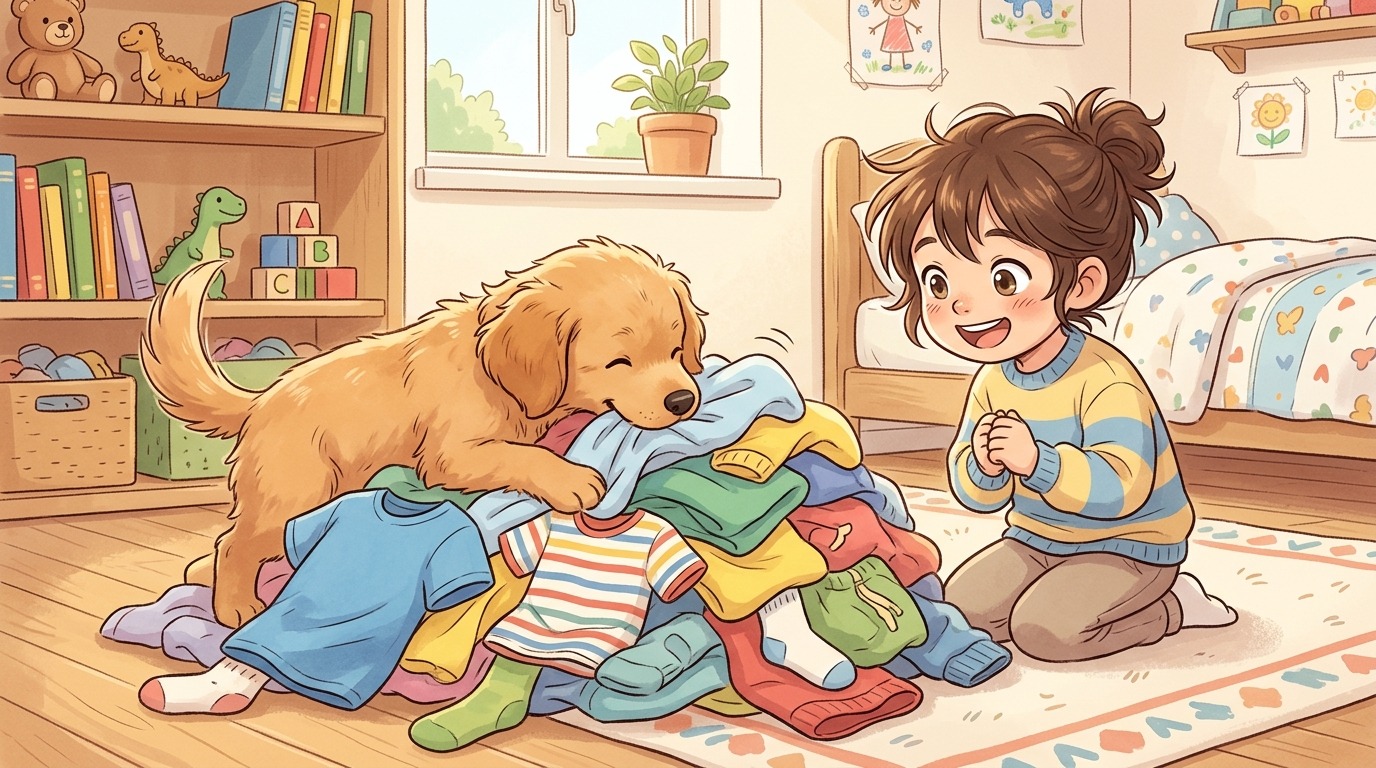 Ein glücklicher Hund schnüffelt in einem weichen Berg aus bunter Wäsche, während ein Kind daneben kniet und begeistert zuschaut.