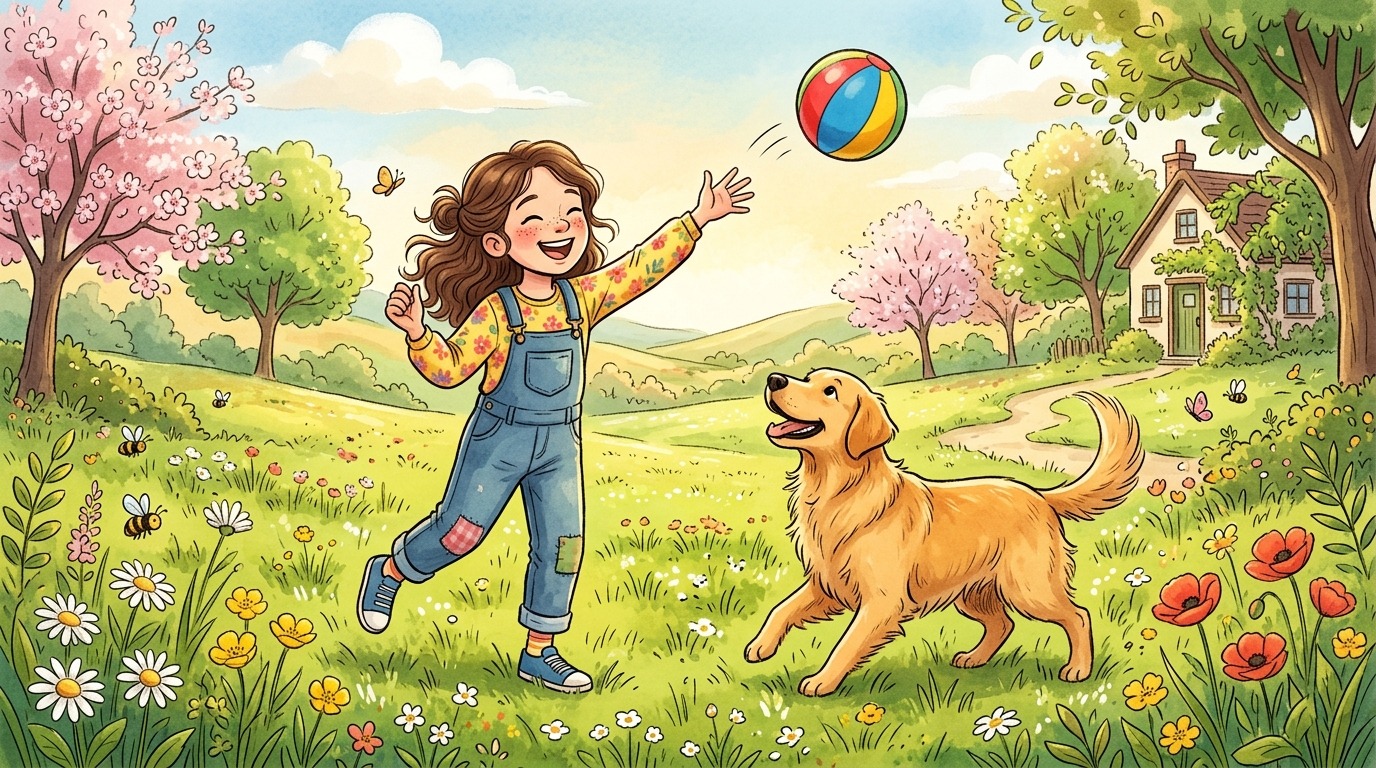 Ein glückliches Kind wirft auf einer bunten Blumenwiese einen Ball für einen Golden Retriever.