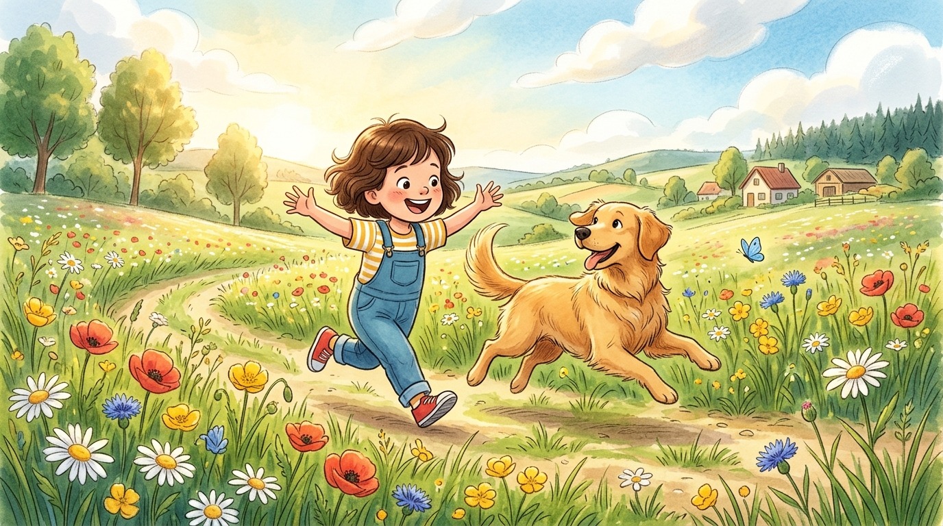 Ein lachendes Kind und ein fitter Golden Retriever laufen gemeinsam über eine sonnige Wiese.