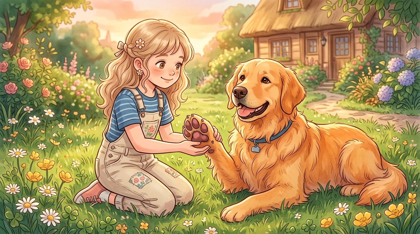 Ein Kind betrachtet neugierig die Pfote eines freundlichen Golden Retrievers auf einer sonnigen Wiese.