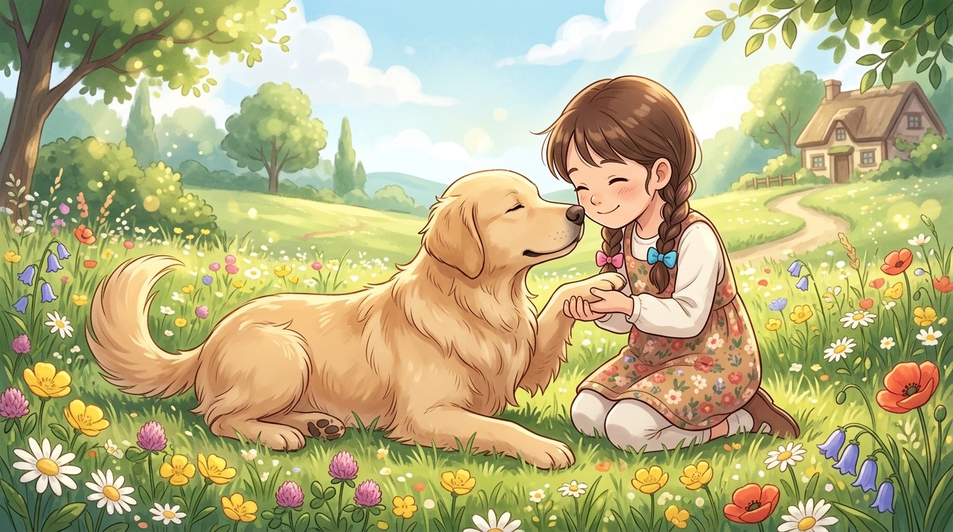 Ein lachendes Kind sitzt auf einer Wiese und hält vorsichtig die Pfote eines Golden Retrievers, während es neugierig daran schnuppert.