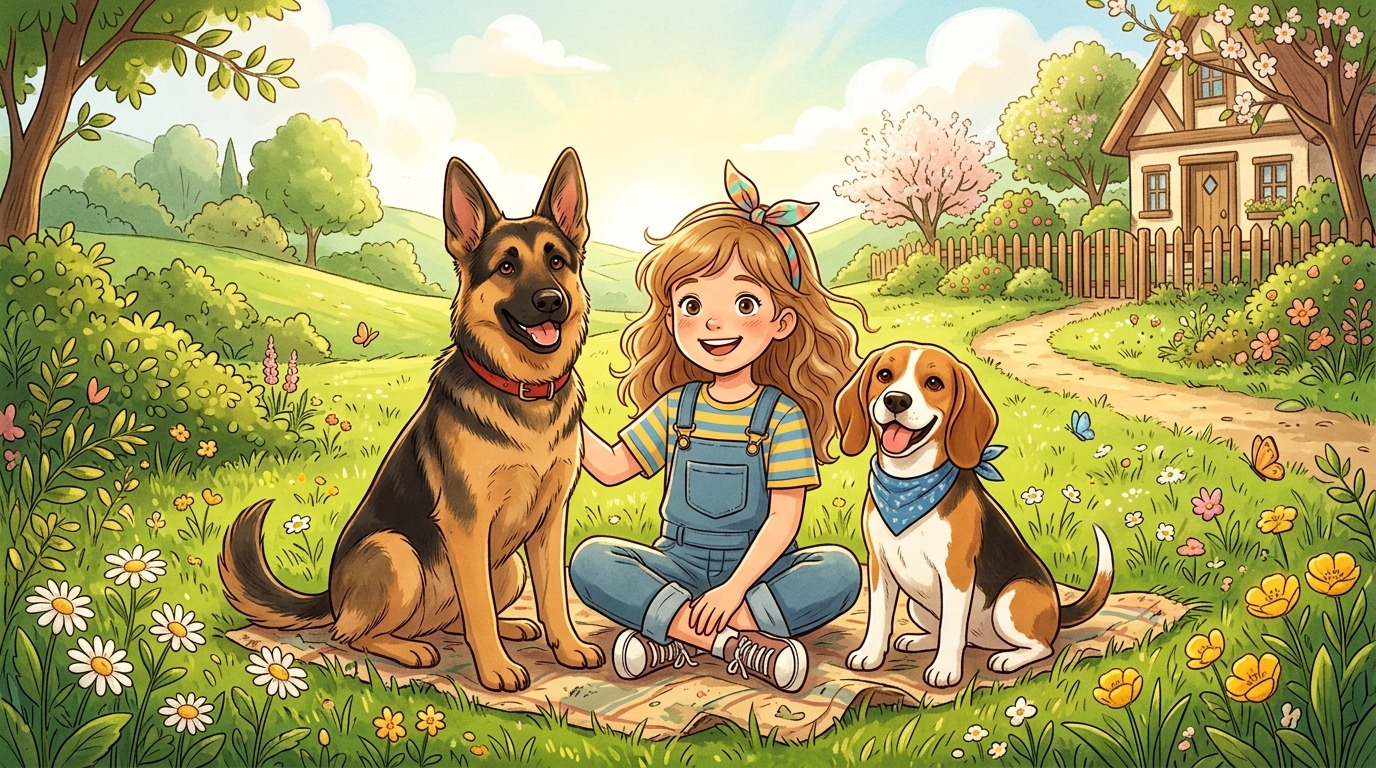 Eine liebevolle Illustration eines Kindes, das im Garten einen Hund mit Stehohren und einen Hund mit Schlappohren beobachtet.