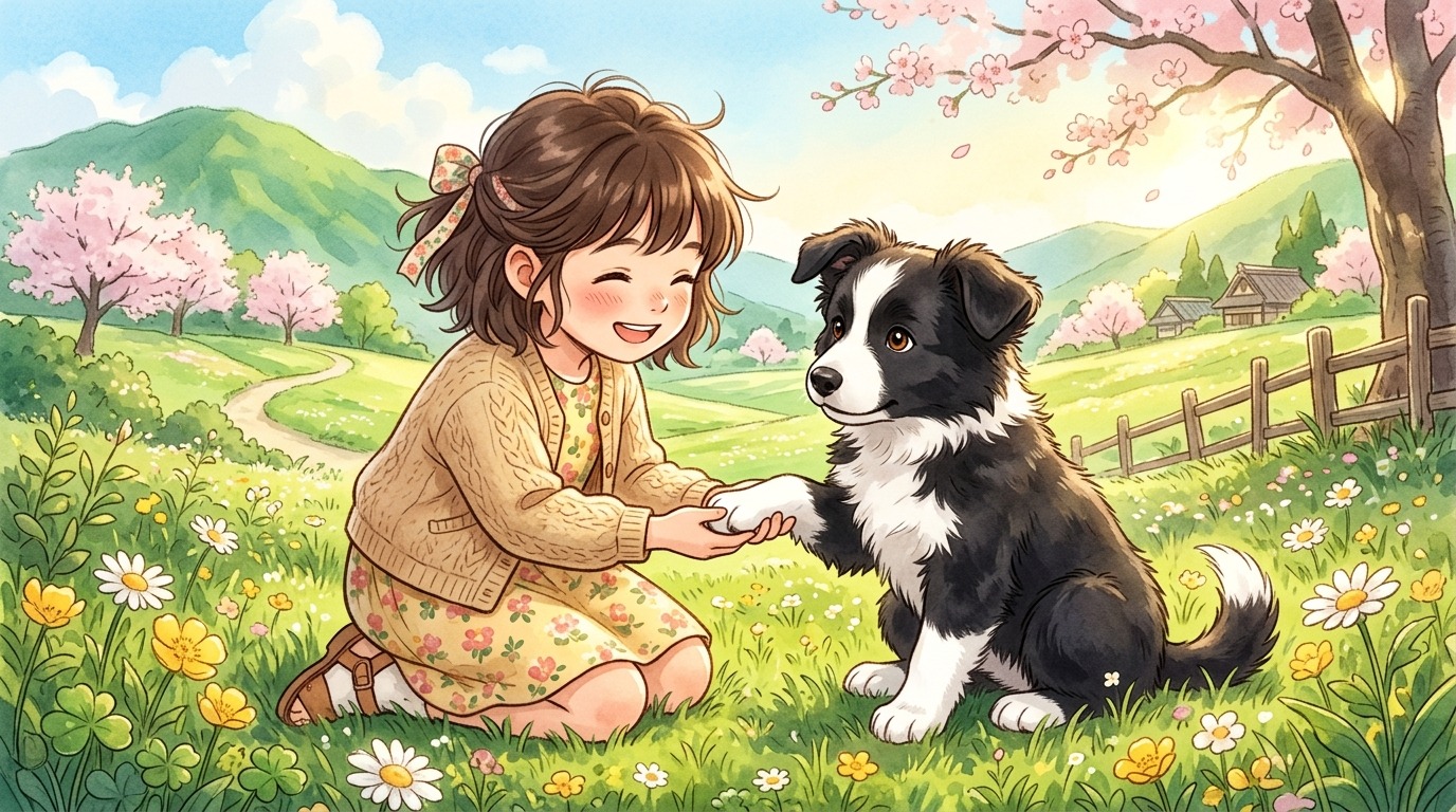 Ein glücklicher Border Collie Welpe mit weißen Pfoten, die wie Socken aussehen, sitzt auf einer Blumenwiese.