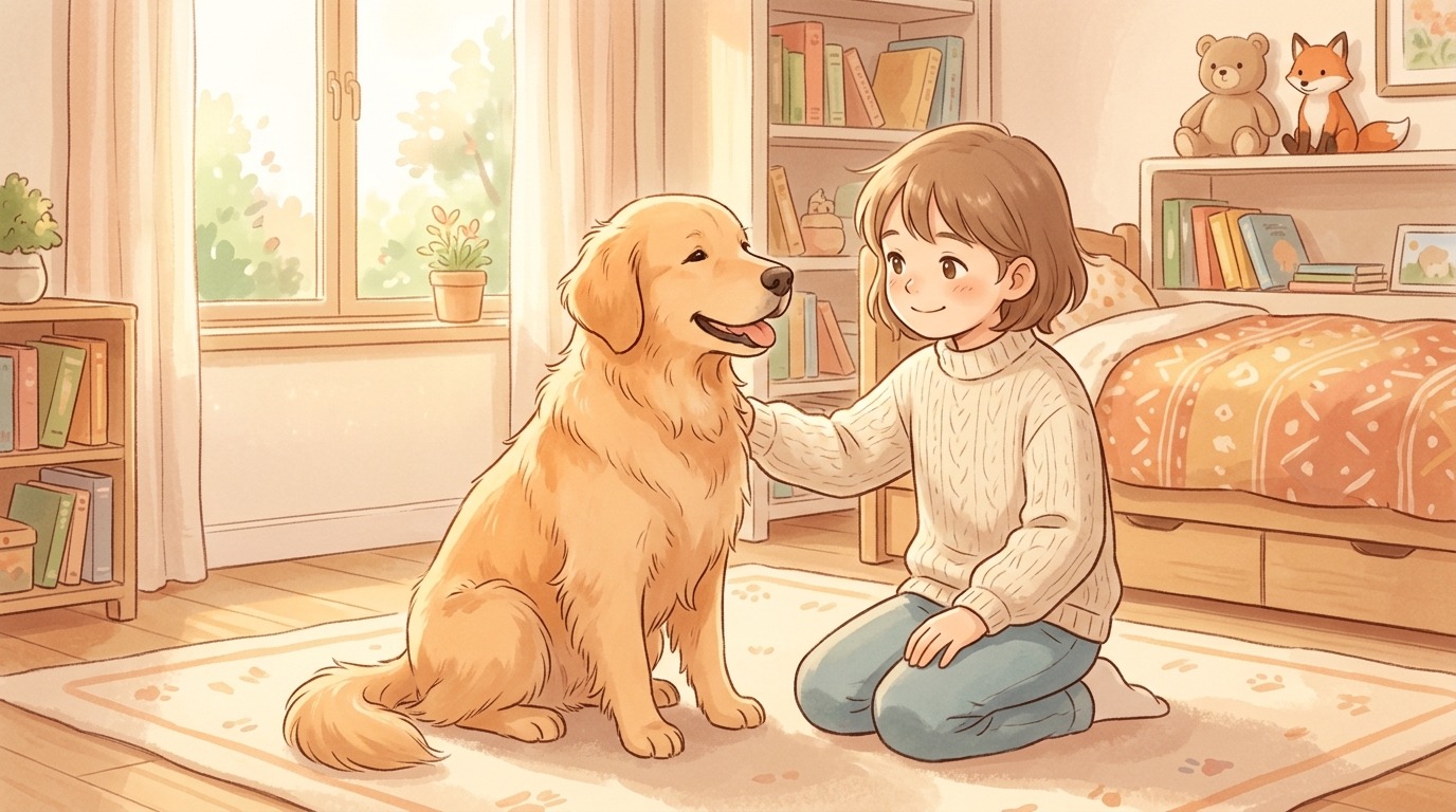 Eine liebevolle Illustration eines Kindes, das einen ruhig sitzenden Golden Retriever in einem sonnigen Zimmer streichelt.