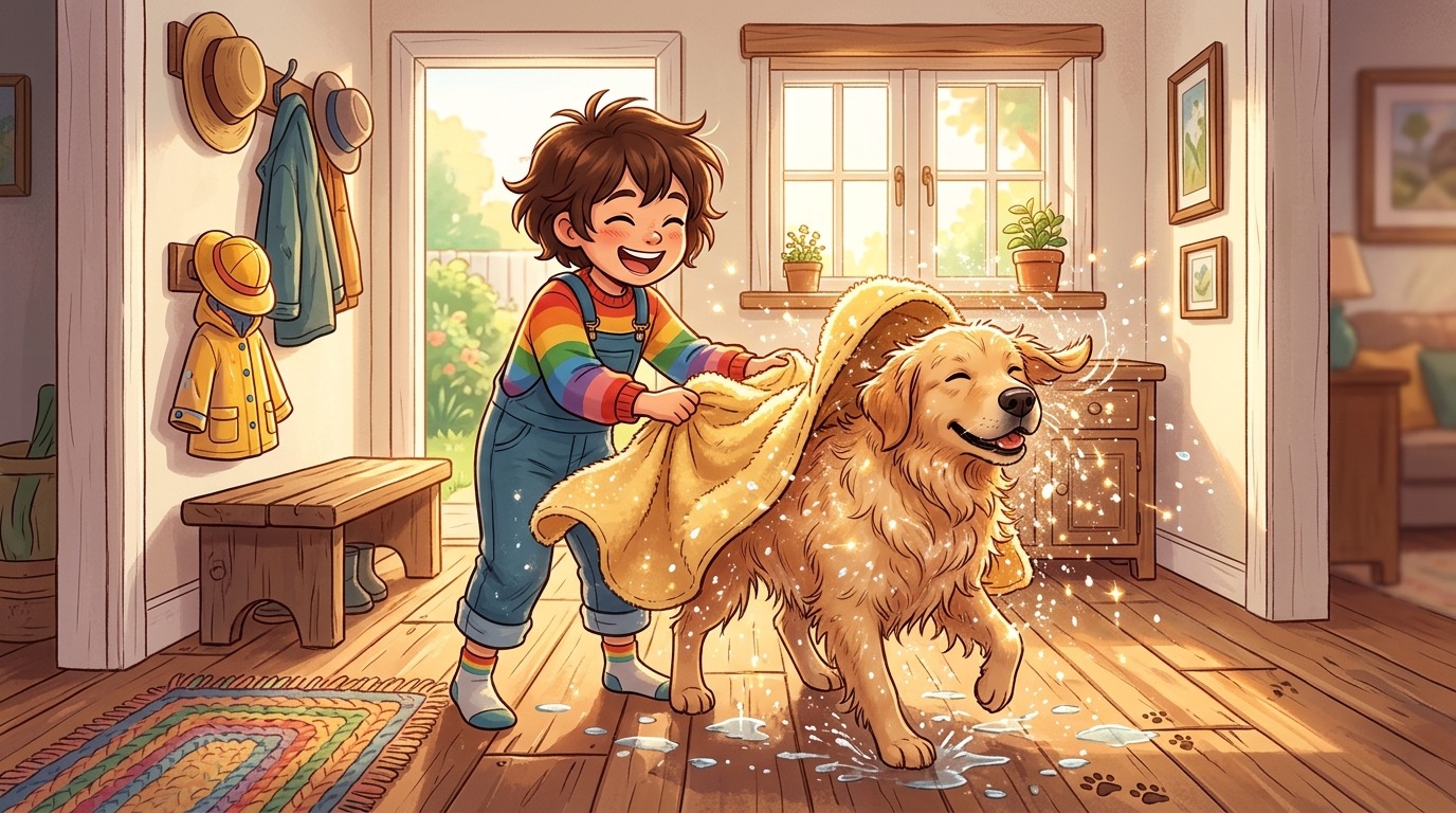 Ein Kind trocknet einen nassen Golden Retriever mit einem großen Handtuch ab, während Wassertropfen durch die Luft fliegen.