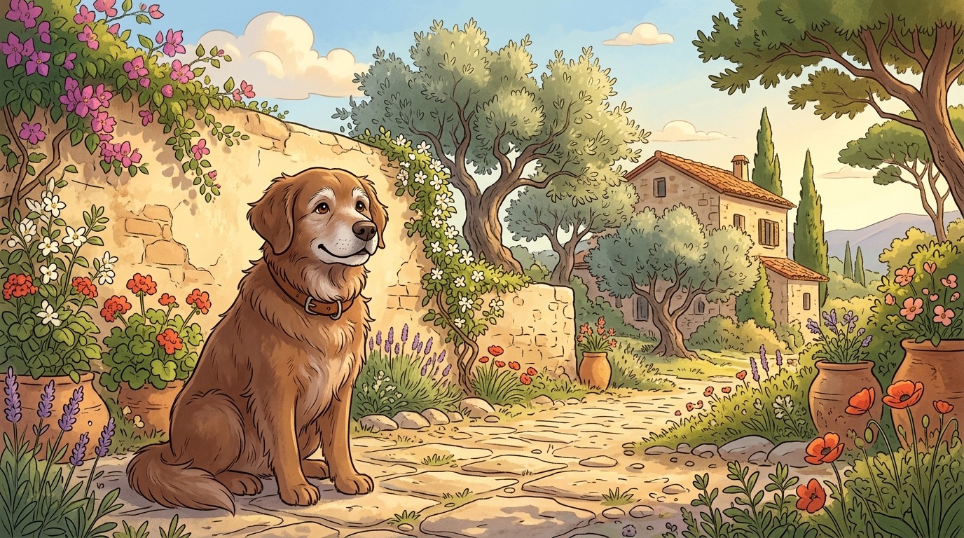 Ein freundlicher, alter Hund sitzt zufrieden in einem sonnigen Garten vor einem alten Bauernhaus.