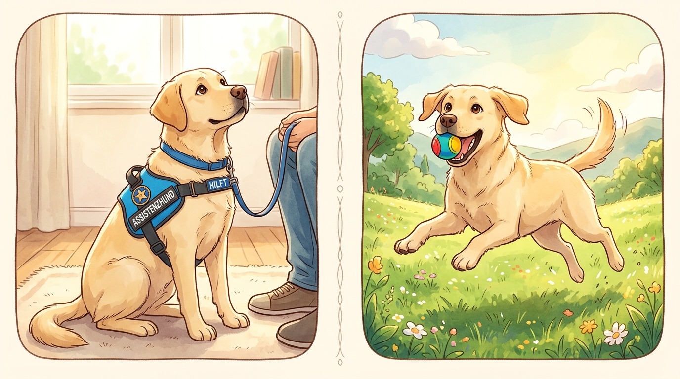 Ein freundlicher Assistenzhund mit Arbeitsgeschirr im Vergleich zu einem spielenden Hund auf der Wiese.