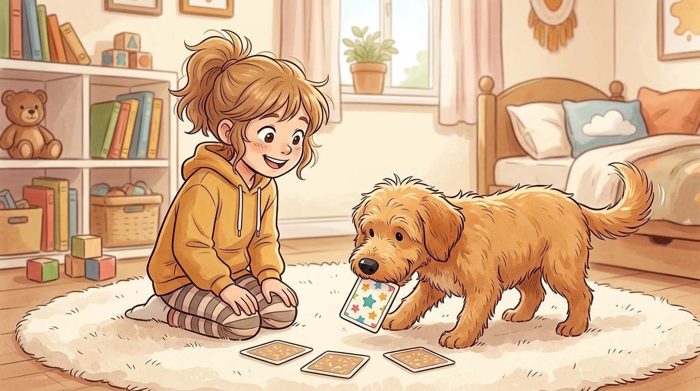 Ein glückliches Kind und ein neugieriger Hund spielen Das Pfoten-Lotto mit selbstgemalten Symbolkarten auf einem hellen Teppich.