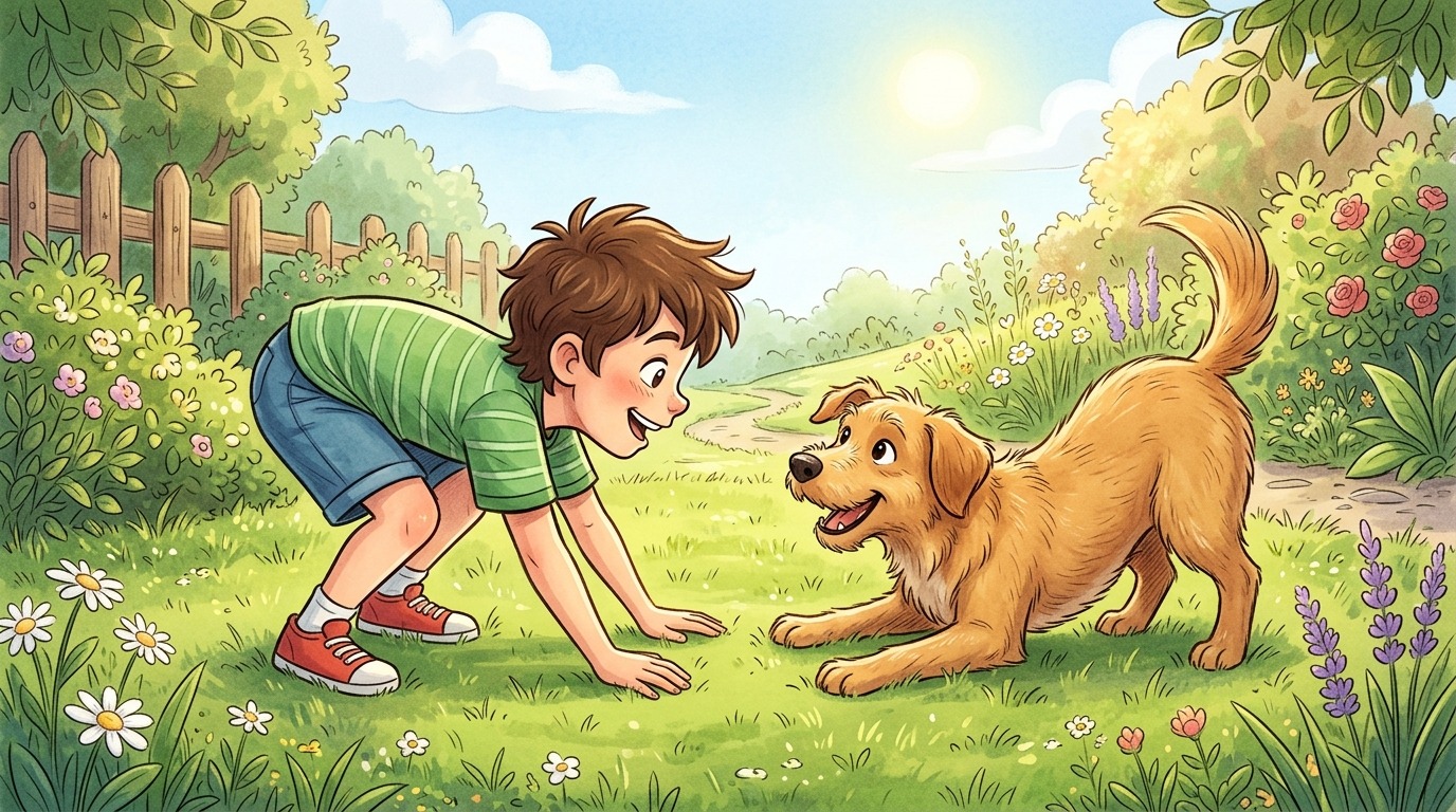 Ein lachendes Kind und ein fröhlicher Hund machen gleichzeitig die Spielaufforderung beim Das Spiegel-Rennen auf einer grünen Wiese.