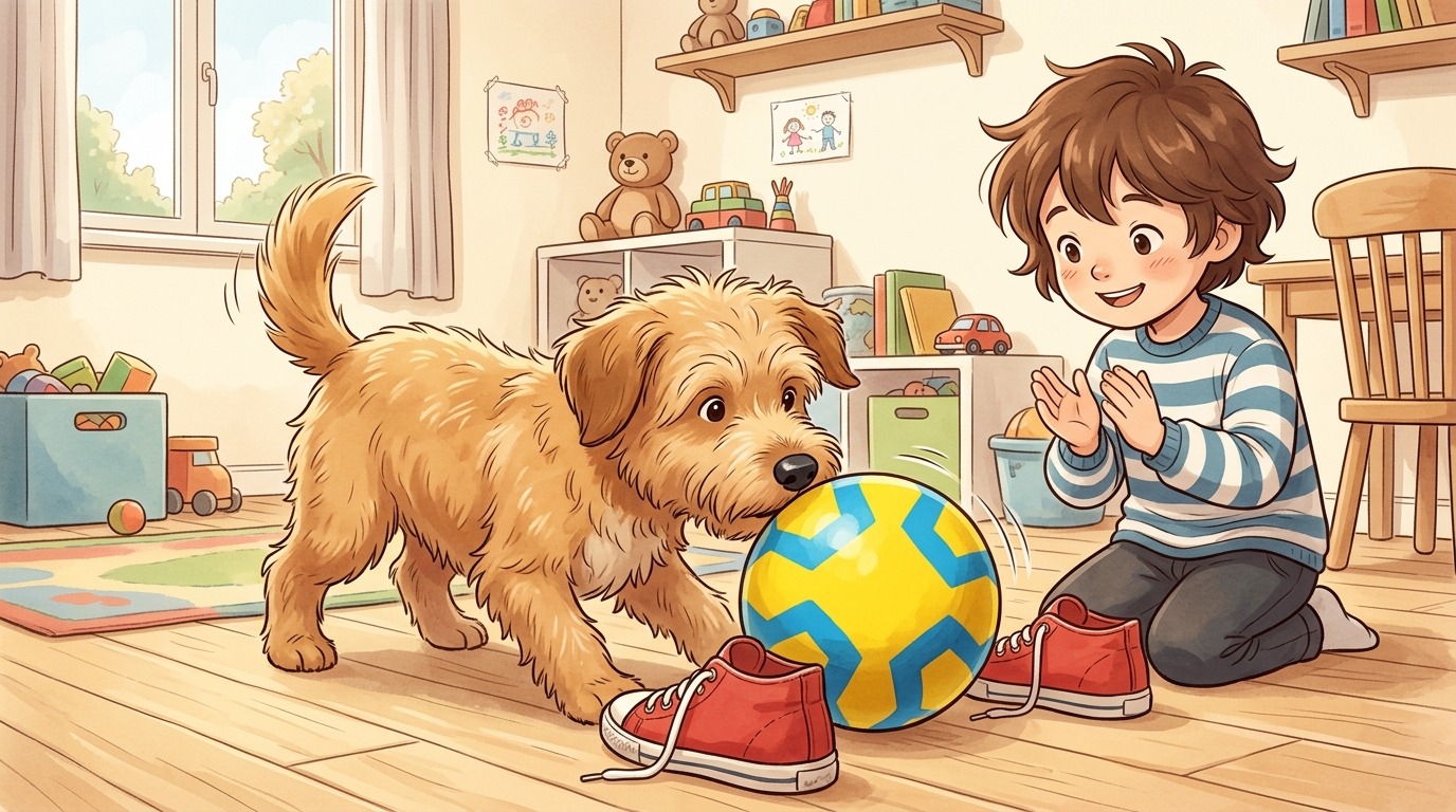 Ein glückliches Kind und ein kleiner Hund spielen 'Die Ball-Rolle', während der Hund einen Ball mit der Nase durch ein Tor aus Schuhen schiebt.