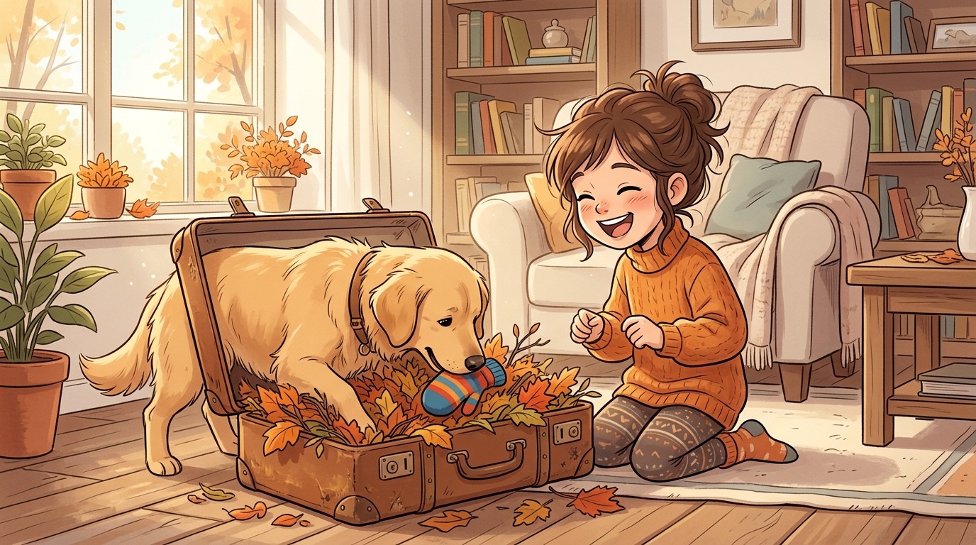 Ein glückliches Kind und ein Hund spielen Die Koffer-Schnüffelei mit einem Koffer voller Blätter.