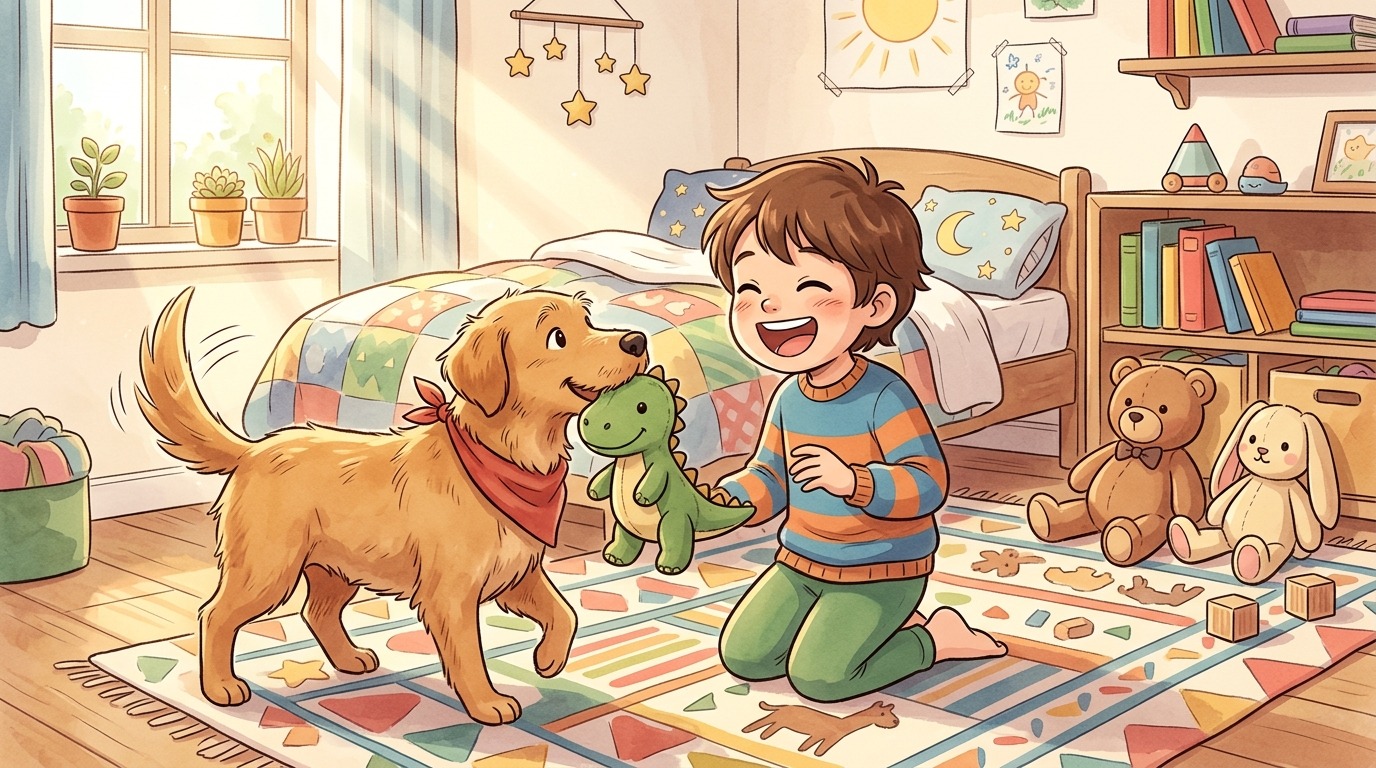 Ein glückliches Kind kniet im Wohnzimmer und streichelt seinen Hund, der einen kleinen Plüsch-Dinosaurier im Maul hält.