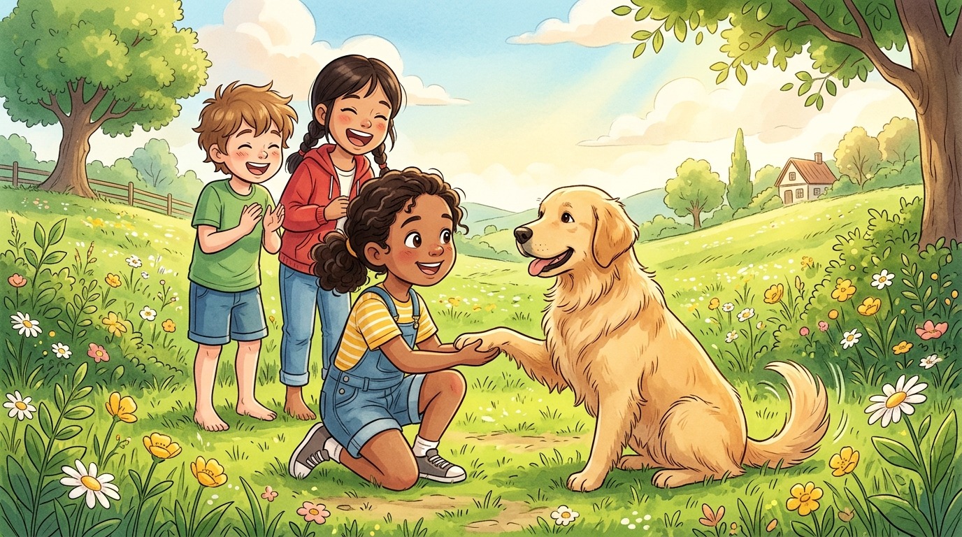 Drei fröhliche Kinder stehen in einer Reihe auf einer Wiese und trainieren mit einem Hund das Spiel Die Signal-Stafette.