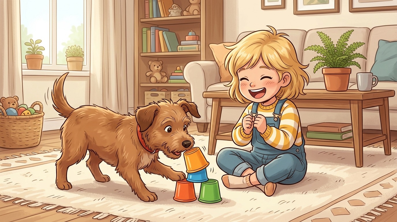 Ein glückliches Kind und ein neugieriger Hund spielen gemeinsam das Denkspiel Die Snack-Pyramide auf einem Teppich.