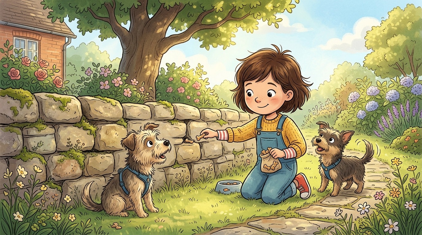 Ein Kind und ein freundlicher Hund spielen gemeinsam die Steinmauer-Suche in einem sonnigen Garten.