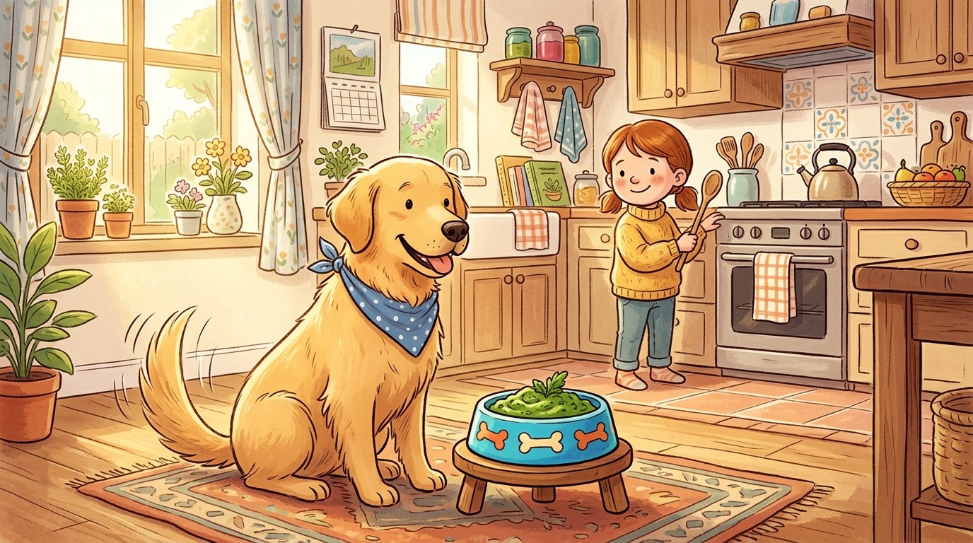 Ein neugieriger Golden Retriever betrachtet neugierig eine kleine Portion grünen Spinat in seinem bunten Futternapf.