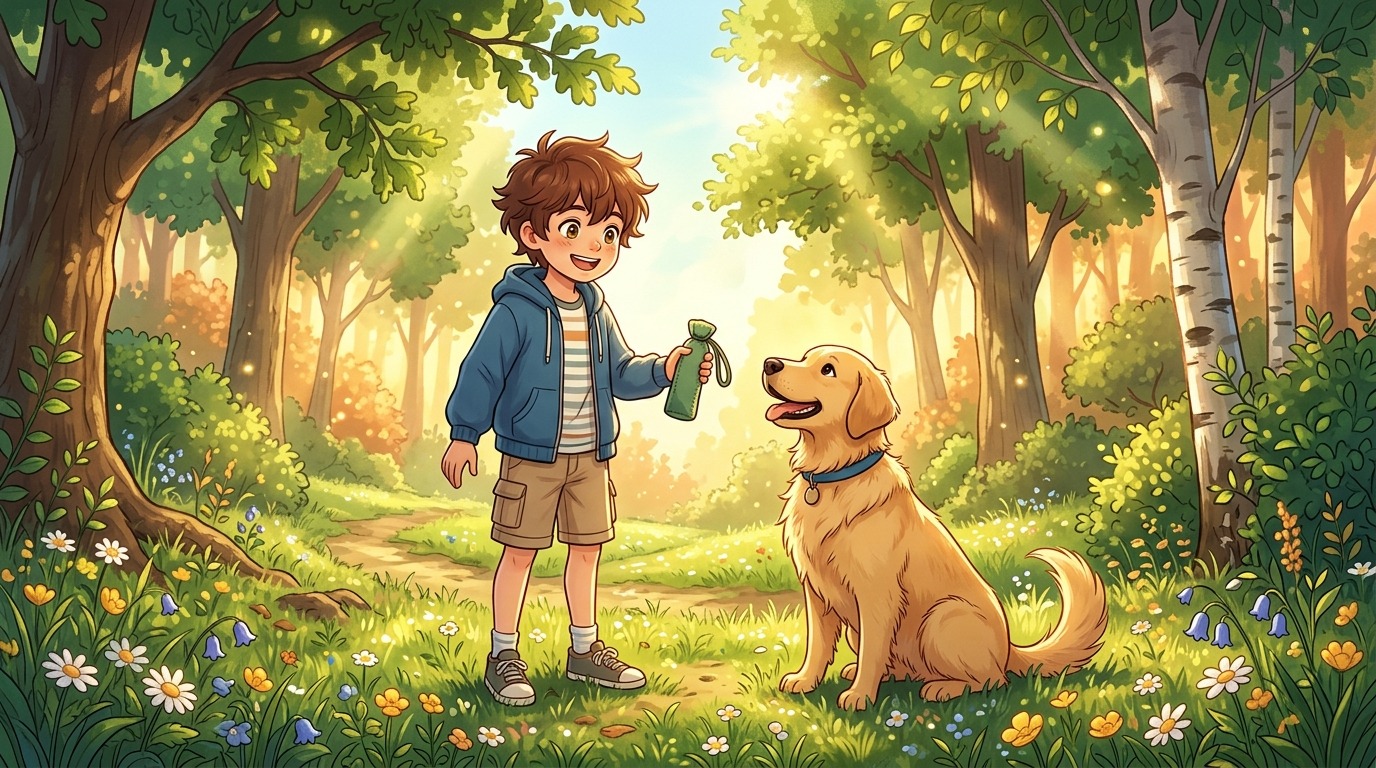 Ein Kind und ein goldener Hund trainieren gemeinsam mit einem grünen Dummy auf einer sonnigen Waldlichtung.