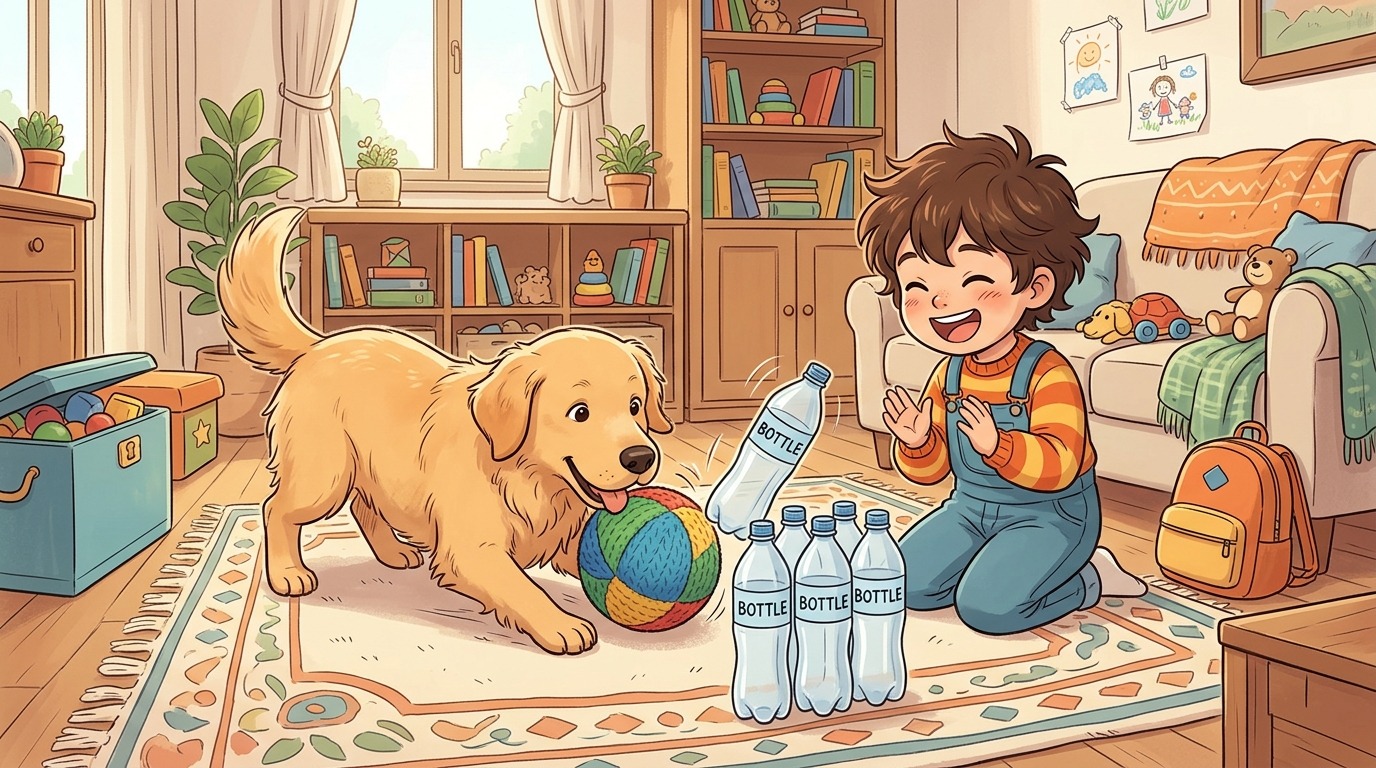 Ein Kind und ein Hund spielen Die Flaschen-Bowling-Bahn im Wohnzimmer mit Plastikflaschen und einem weichen Ball.