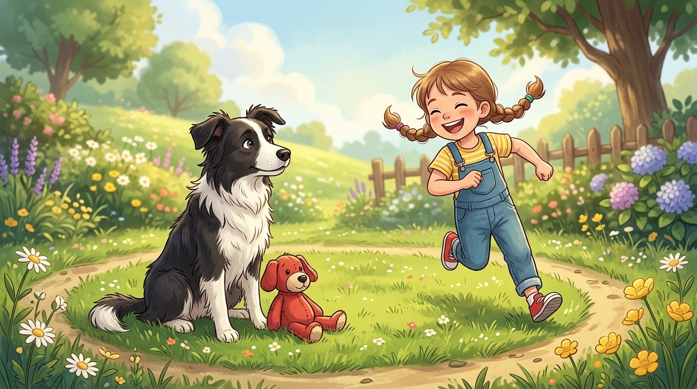Ein glückliches Kind läuft im Kreis um einen konzentriert sitzenden Hund, der ein Spielzeug auf einer Wiese bewacht.
