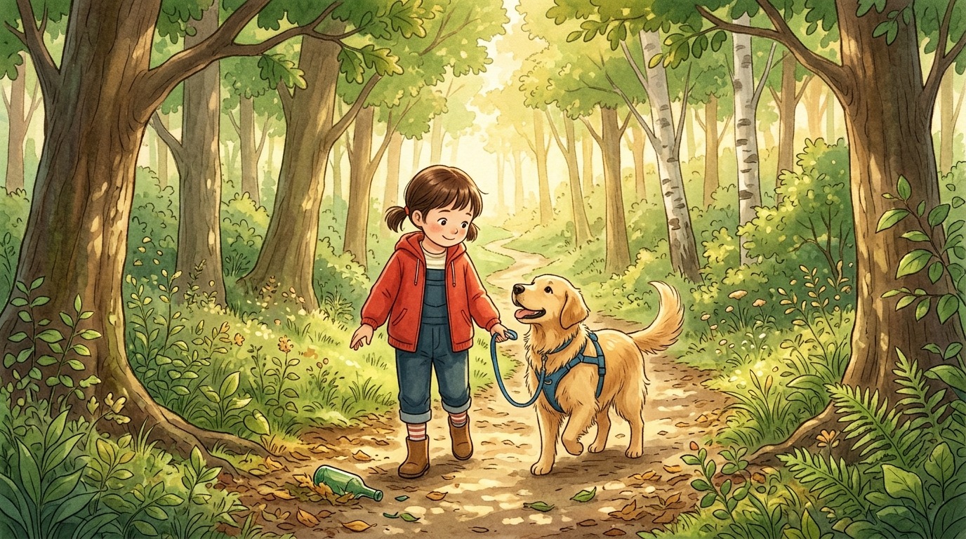 Ein aufmerksames Kind geht mit einem Golden Retriever im Park spazieren und achtet auf den Weg.