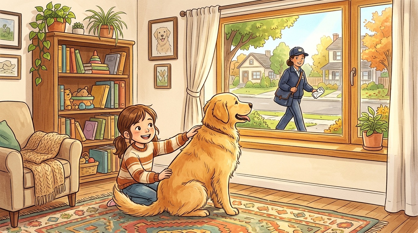 Ein freundlicher Golden Retriever schaut neugierig aus einem Fenster, während im Hintergrund ein Postbote ein Paket bringt.