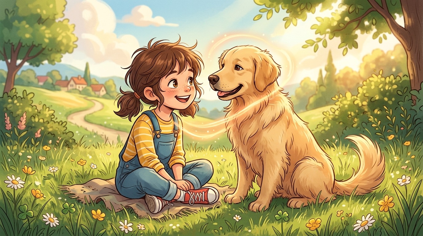 Ein Kind und ein freundlicher Hund sitzen im Gras und schauen sich tief und liebevoll in die Augen.