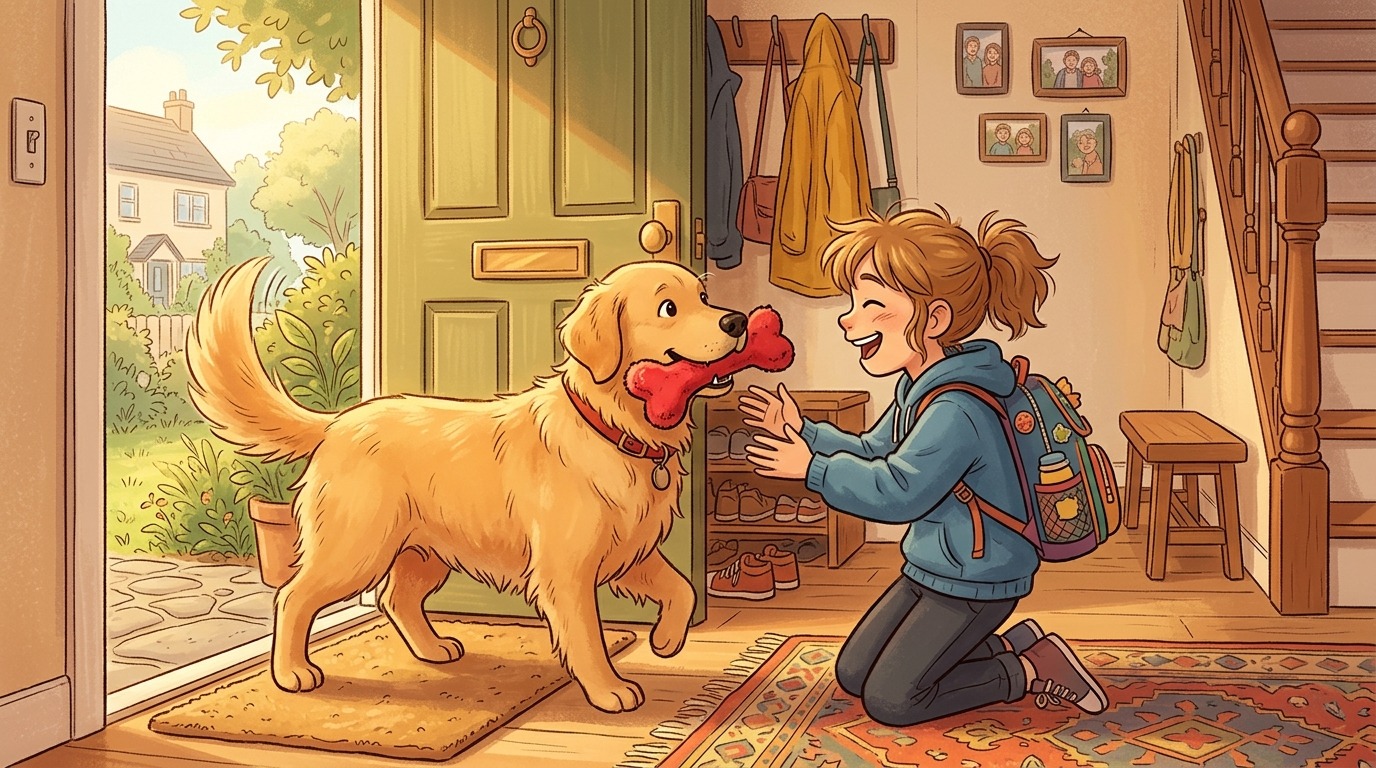 Ein fröhlicher Golden Retriever bringt einem Kind ein rotes Stofftier zur Begrüßung an der Haustür.