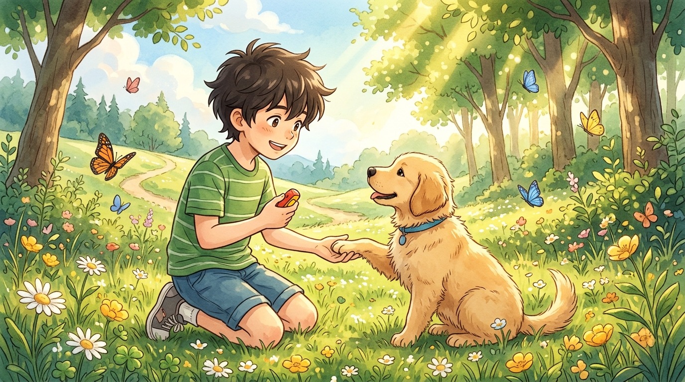 Ein glückliches Kind trainiert einen jungen Golden Retriever mit einem Clicker im Garten.