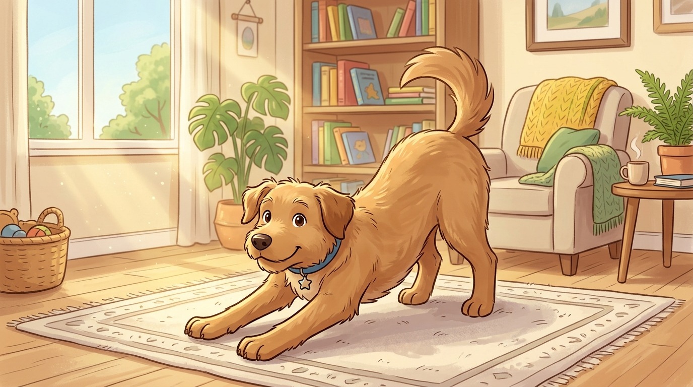 Ein freundlicher Hund macht eine typische Dehnübung mit ausgestreckten Vorderpfoten in einem sonnigen Zimmer.
