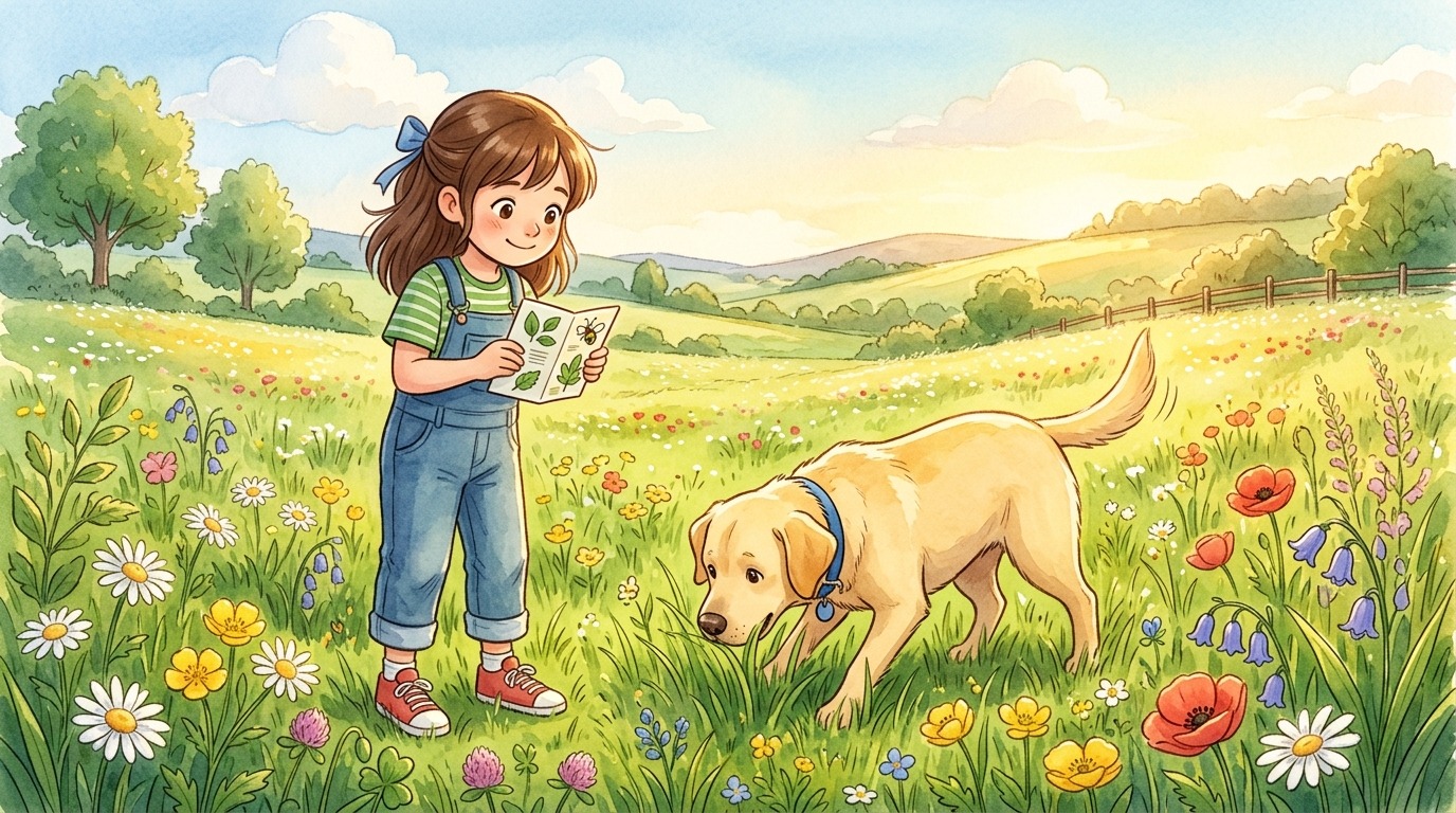 Ein Kind mit einem Labrador Retriever auf einer Wiese, der neugierig schnüffelt.