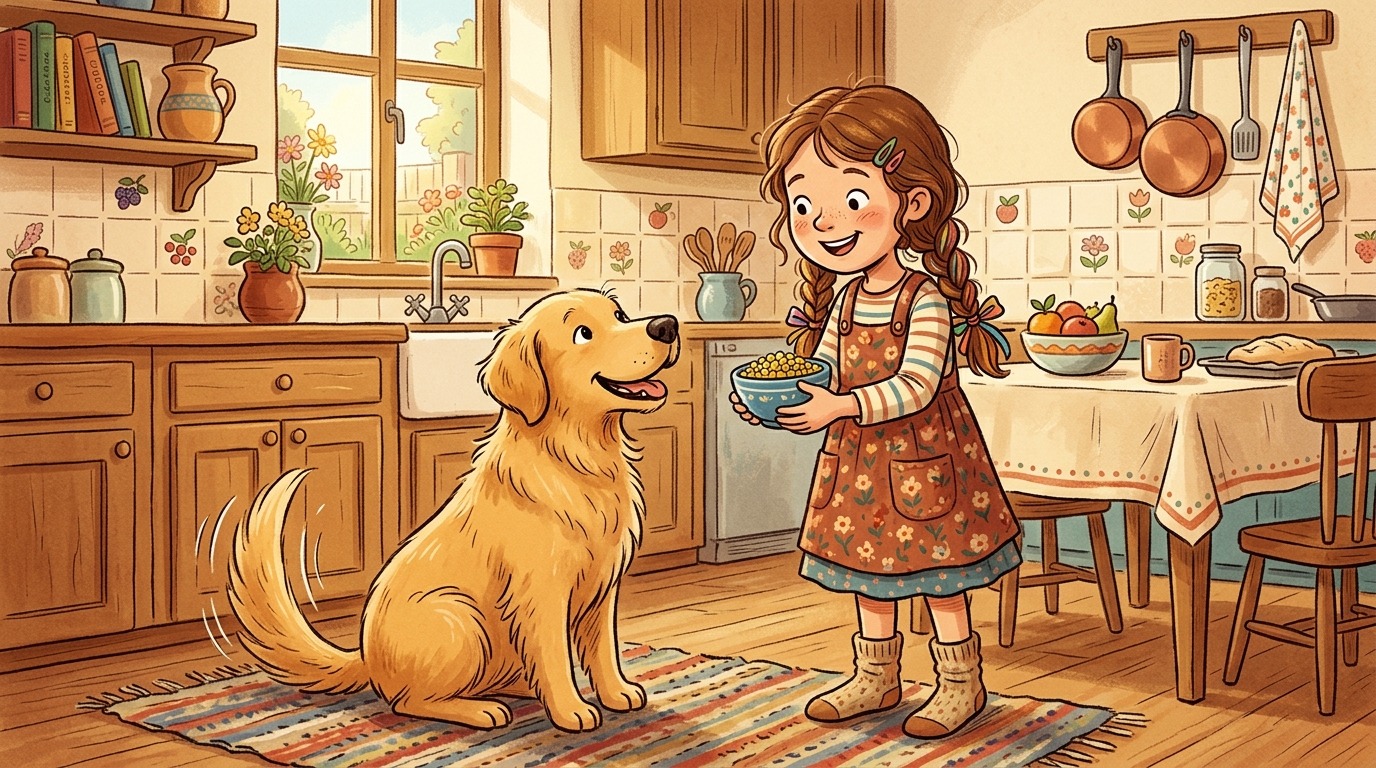 Ein glücklicher Golden Retriever wartet geduldig, während ein Kind eine Schüssel mit gesundem Mais vorbereitet.