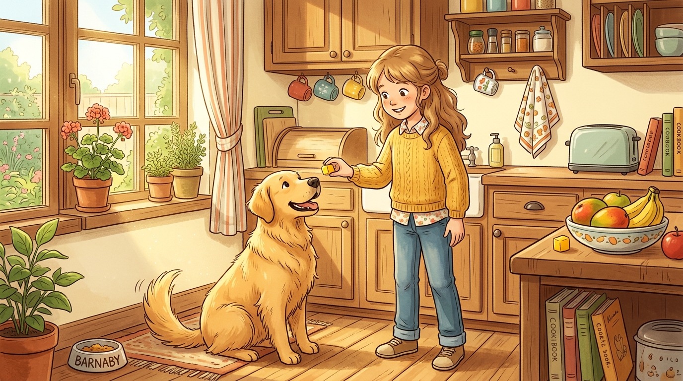 Ein Kind reicht einem freundlichen Golden Retriever ein kleines Stück geschälte Mango in einer sonnigen Küche.