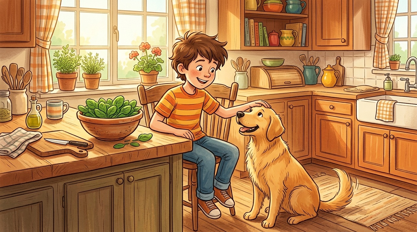 Ein freundlicher Golden Retriever Hund sitzt neben einem Kind in einer gemütlichen Küche und schaut neugierig auf eine Schüssel mit grünem Gemüse.