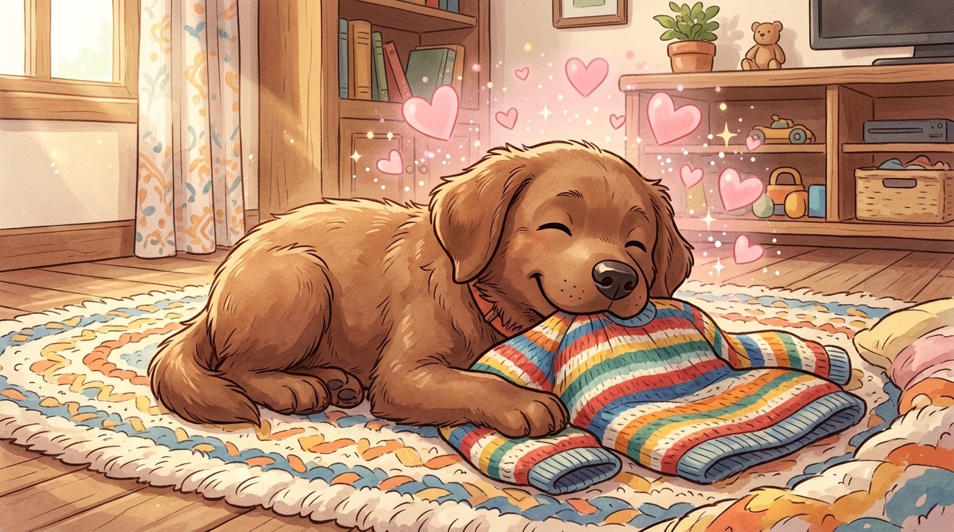 Ein glücklicher Hund kuschelt seine Nase in einen Pullover seines Besitzers, während kleine Herzchen seine Freude symbolisieren.